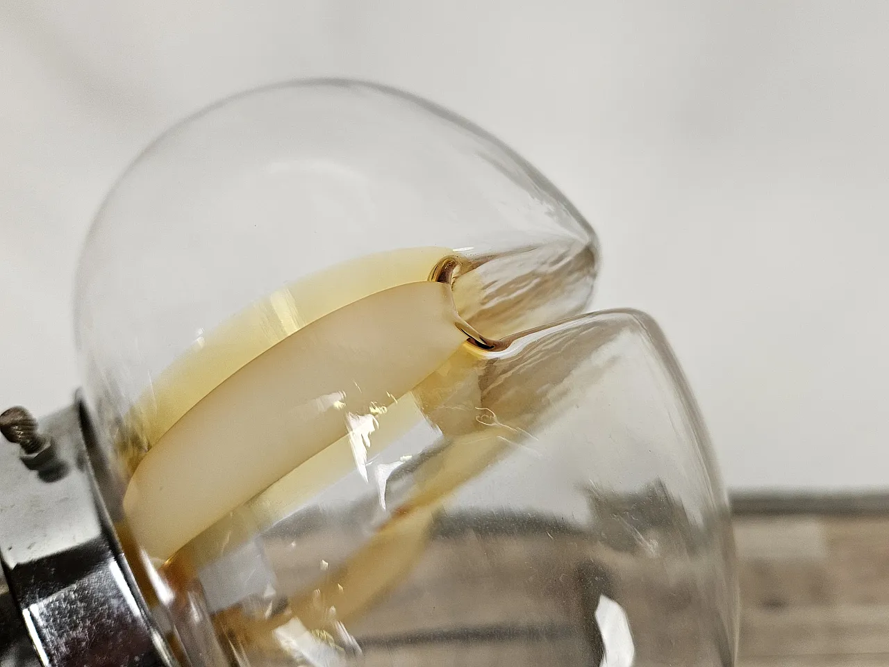 Metal wood chandelier with three glass ceiling lights, 70s 5