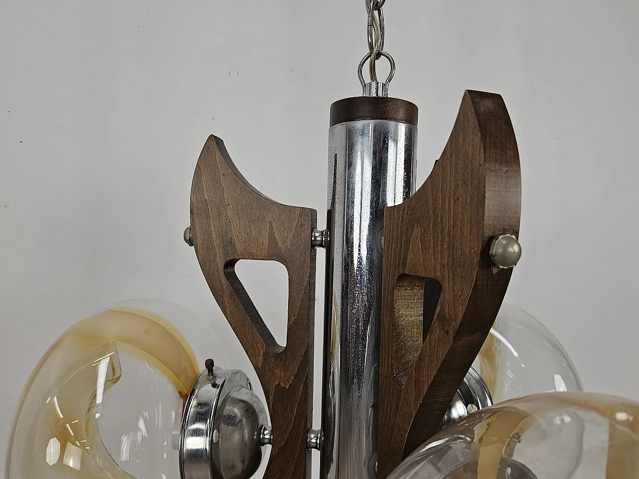 Metal wood chandelier with three glass ceiling lights, 70s 6