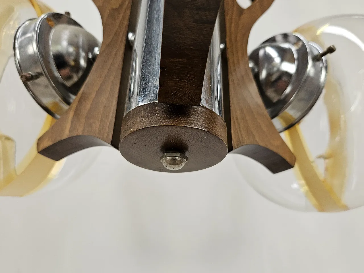 Metal wood chandelier with three glass ceiling lights, 70s 7