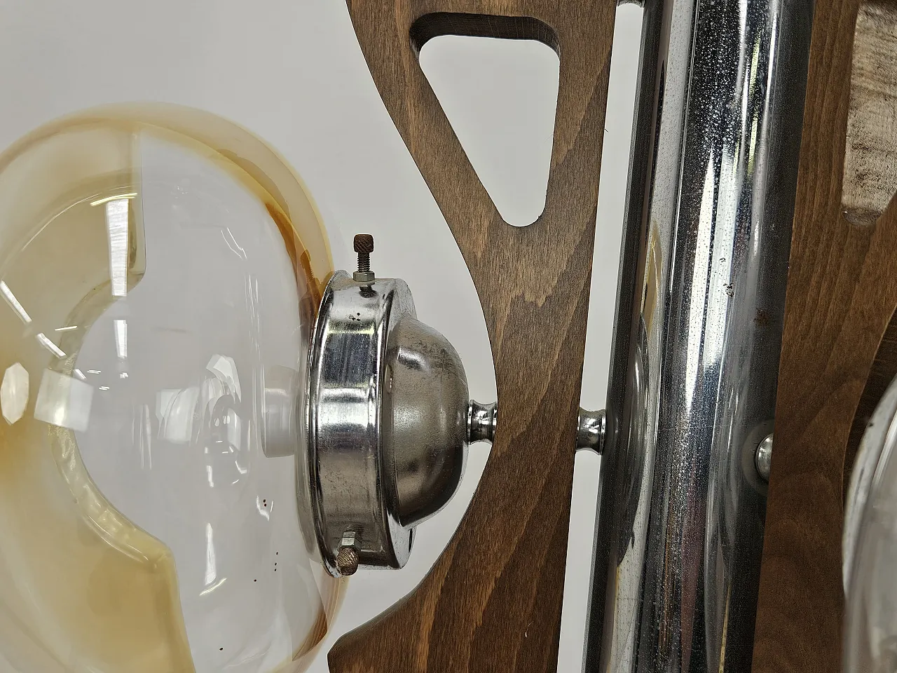 Metal wood chandelier with three glass ceiling lights, 70s 8