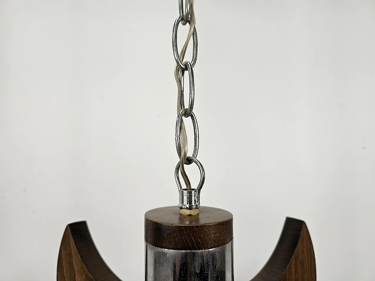 Metal wood chandelier with three glass ceiling lights, 70s 9