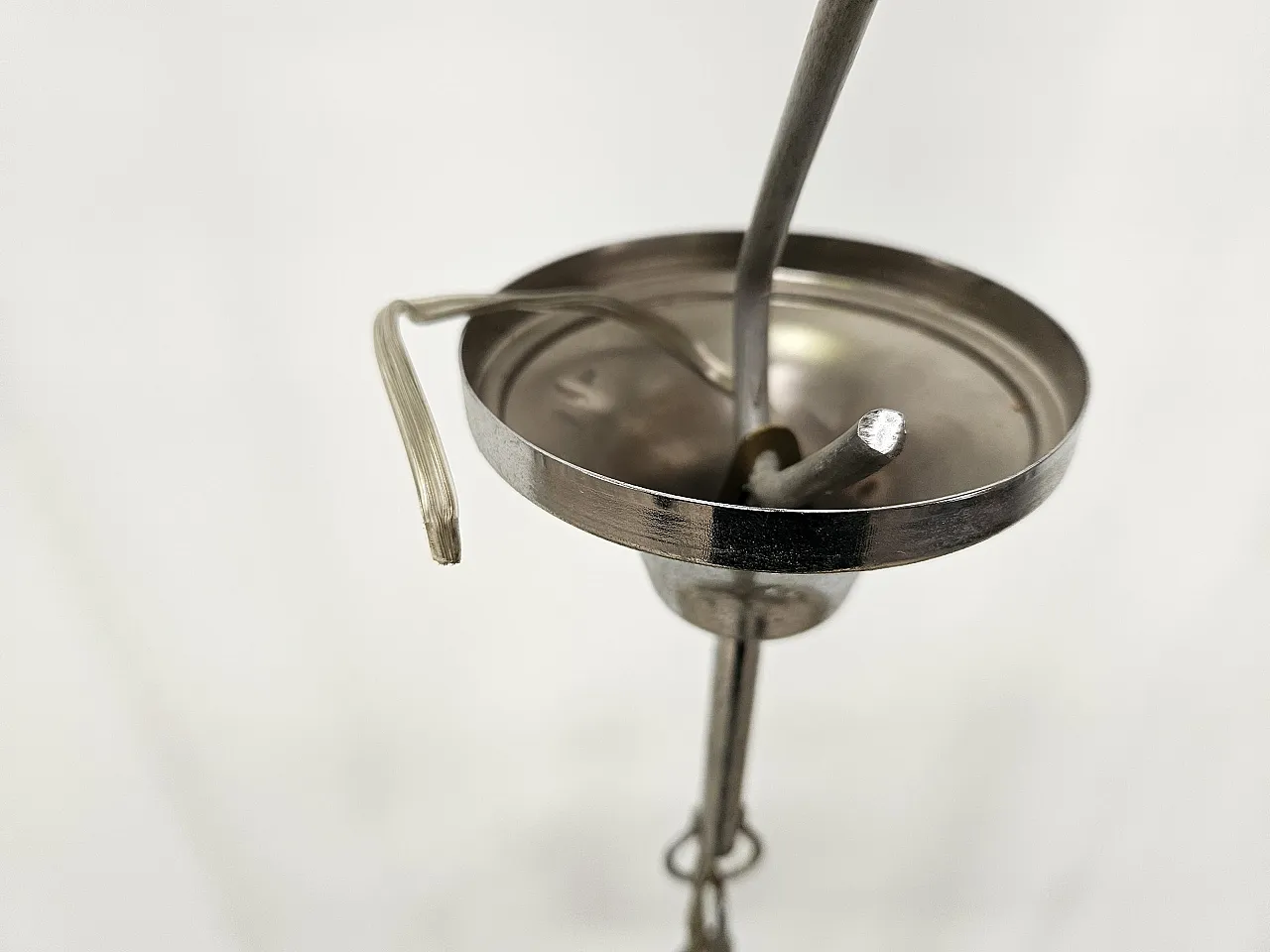 Metal wood chandelier with three glass ceiling lights, 70s 11