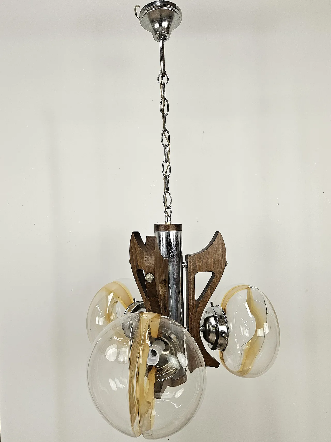 Metal wood chandelier with three glass ceiling lights, 70s 12