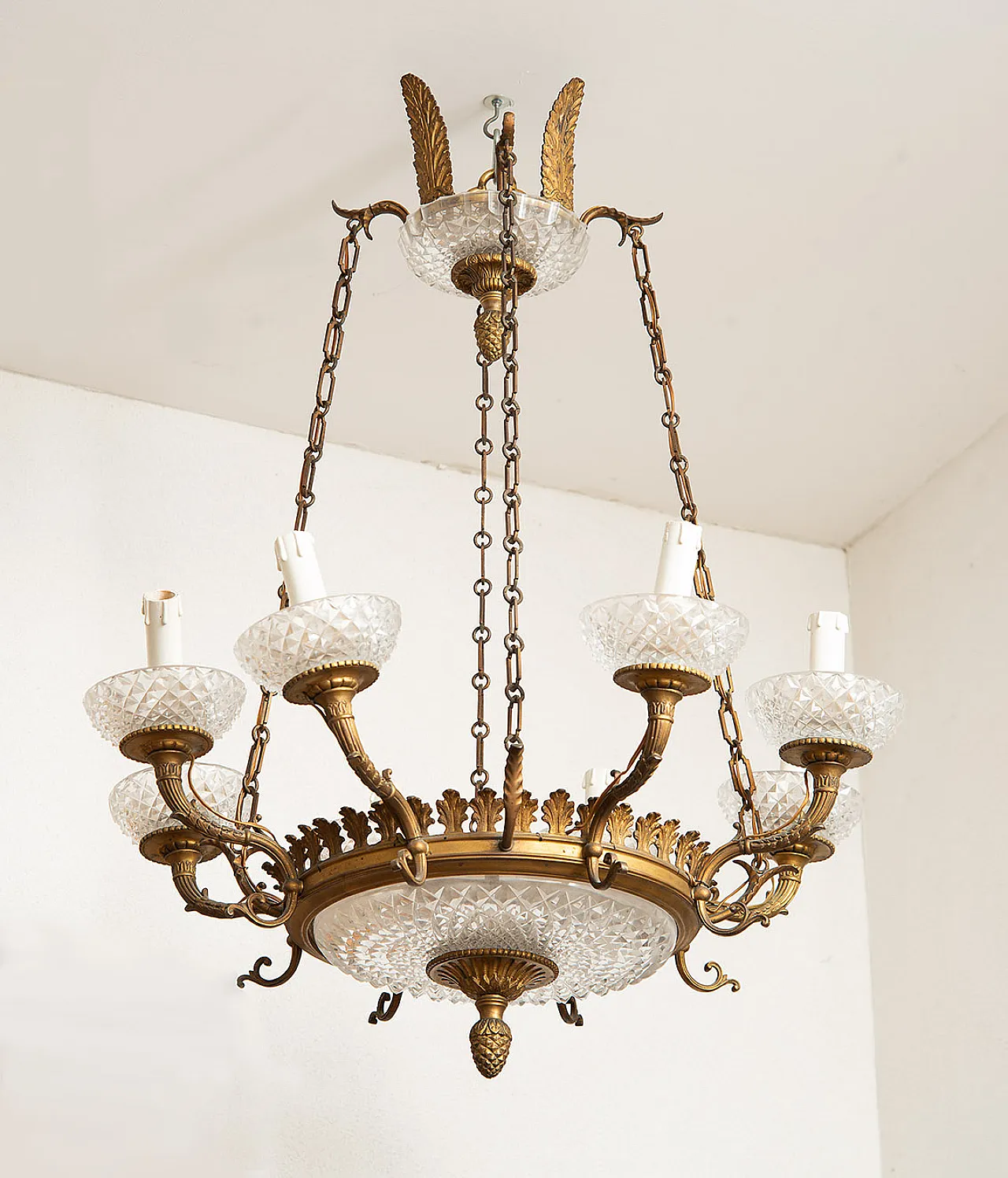 Lampadario Napoleone III Francese in bronzo dorato e cristallo, '800 1