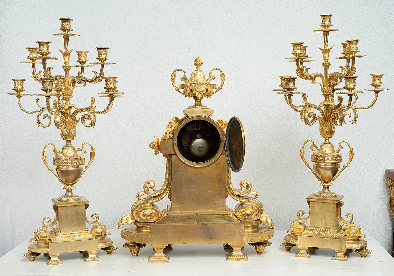 Triptych of Napoleon III French clock in golden bronze, 19th century 9