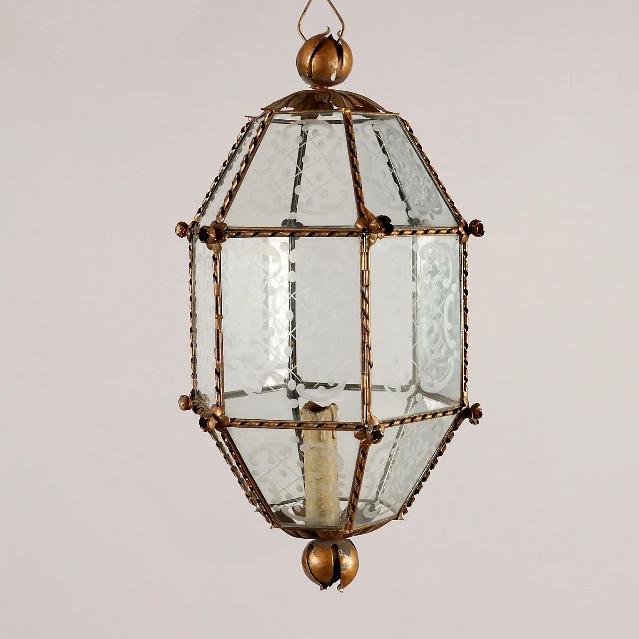 Lanterna con struttura in lamierino cromato e vetri acidati, anni '50 3