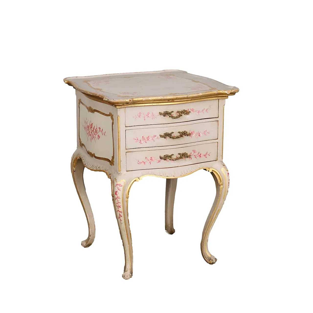 Bedside table in lacquered wood, golden details & floral motifs 1