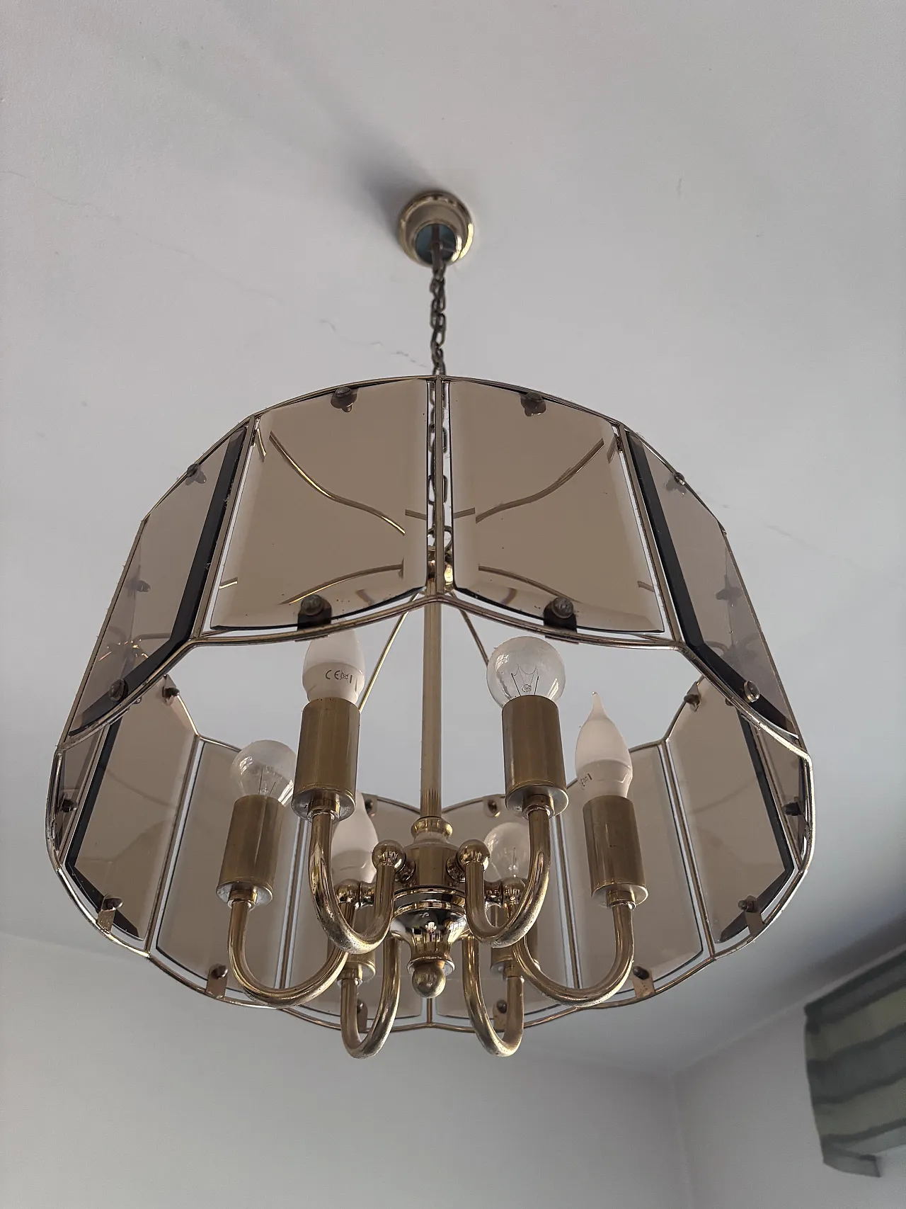 Mid-Century chandelier in brass and smoke glass, 50s 1