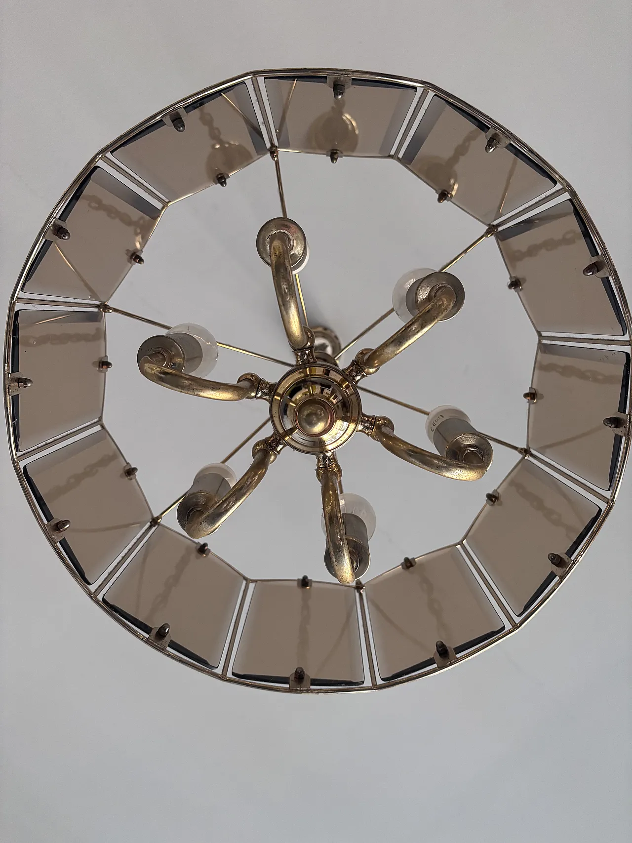 Mid-Century chandelier in brass and smoke glass, 50s 2