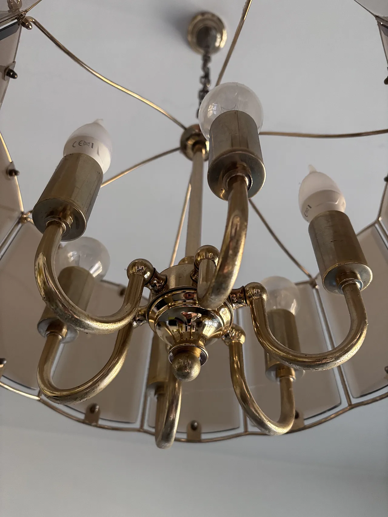 Mid-Century chandelier in brass and smoke glass, 50s 3