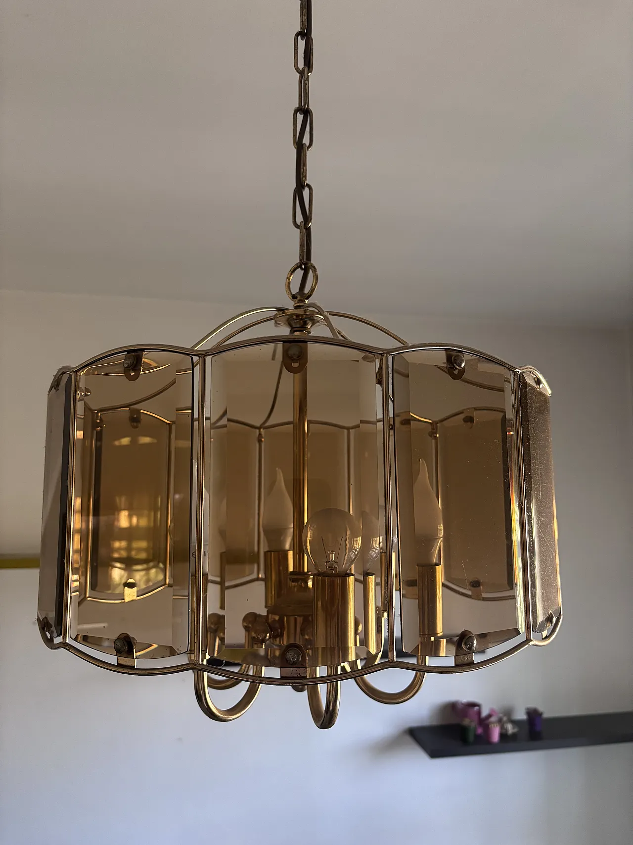 Mid-Century chandelier in brass and smoke glass, 50s 4