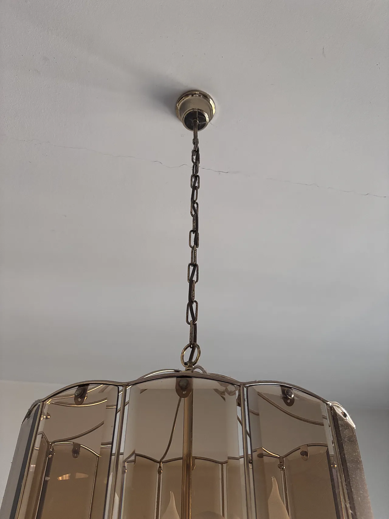 Mid-Century chandelier in brass and smoke glass, 50s 5