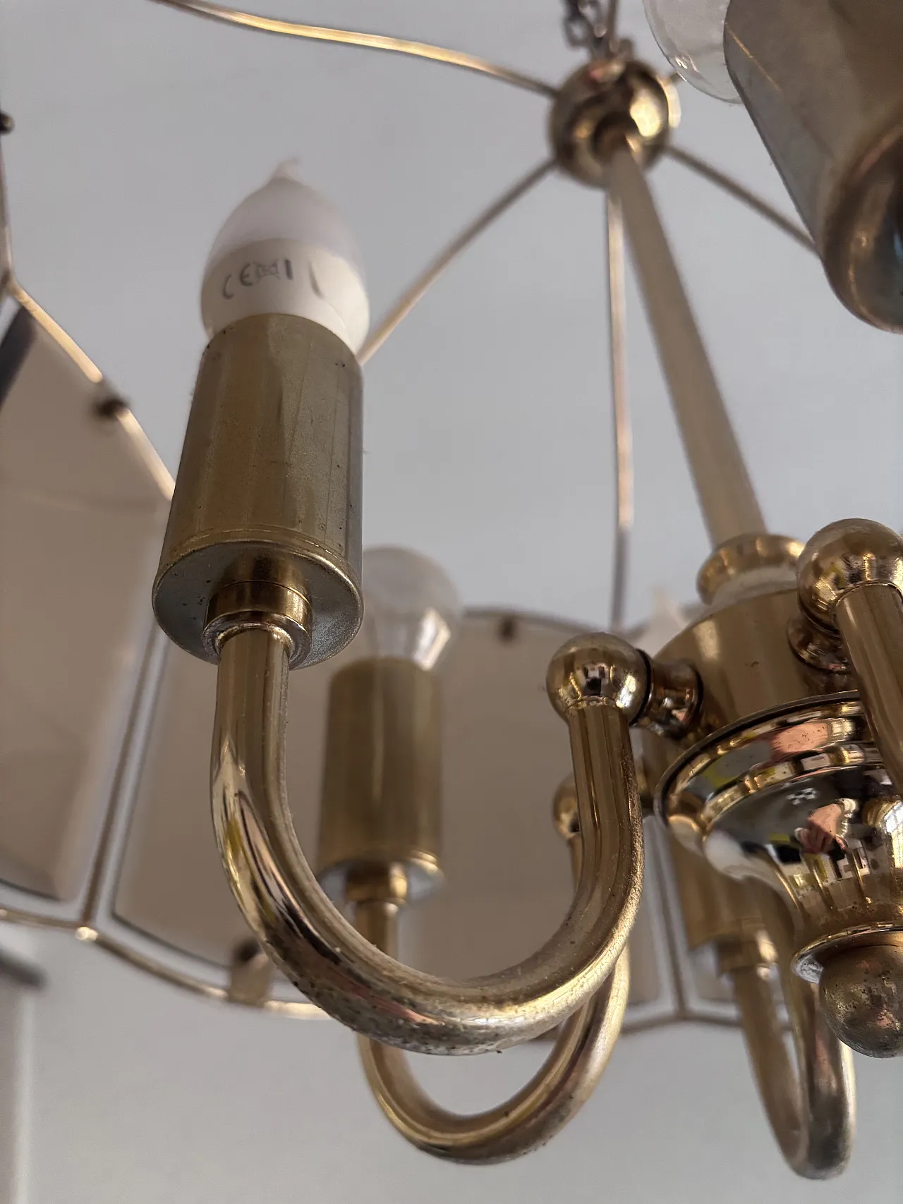 Mid-Century chandelier in brass and smoke glass, 50s 6