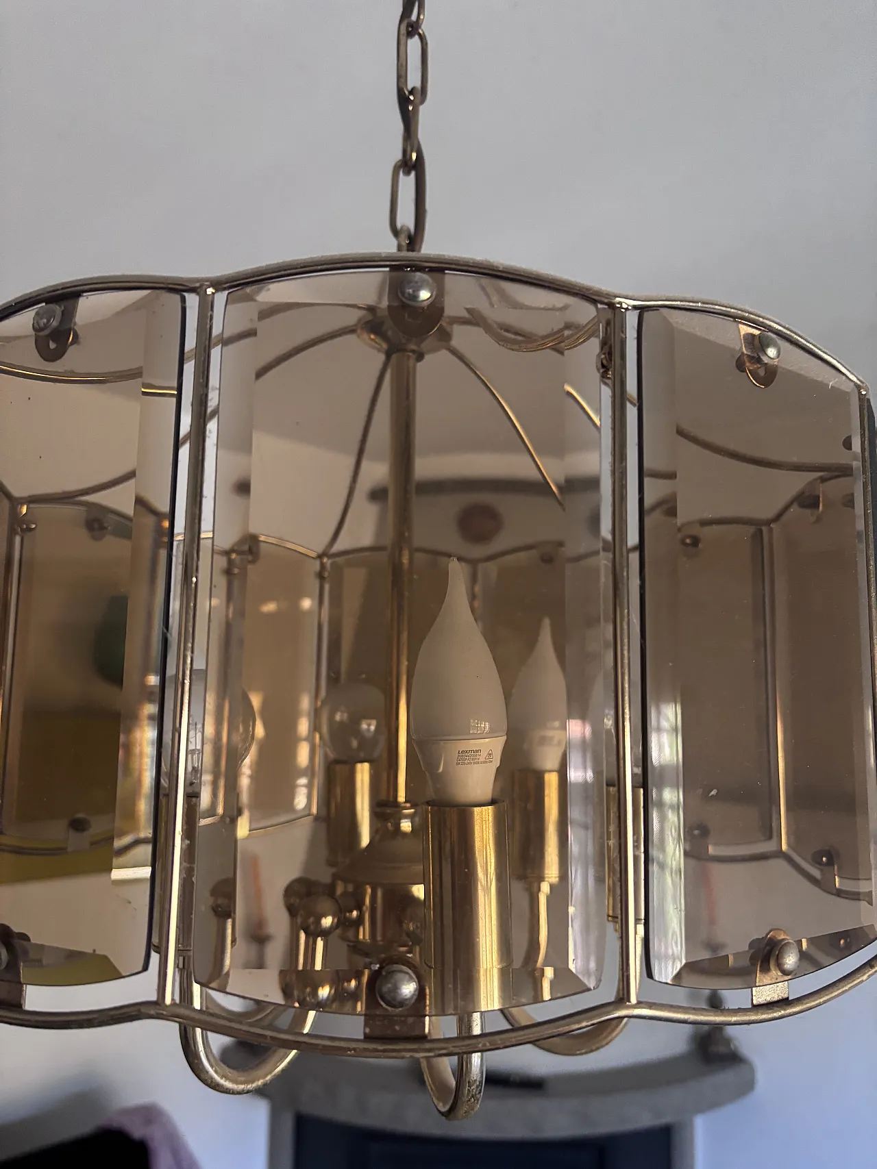 Mid-Century chandelier in brass and smoke glass, 50s 8