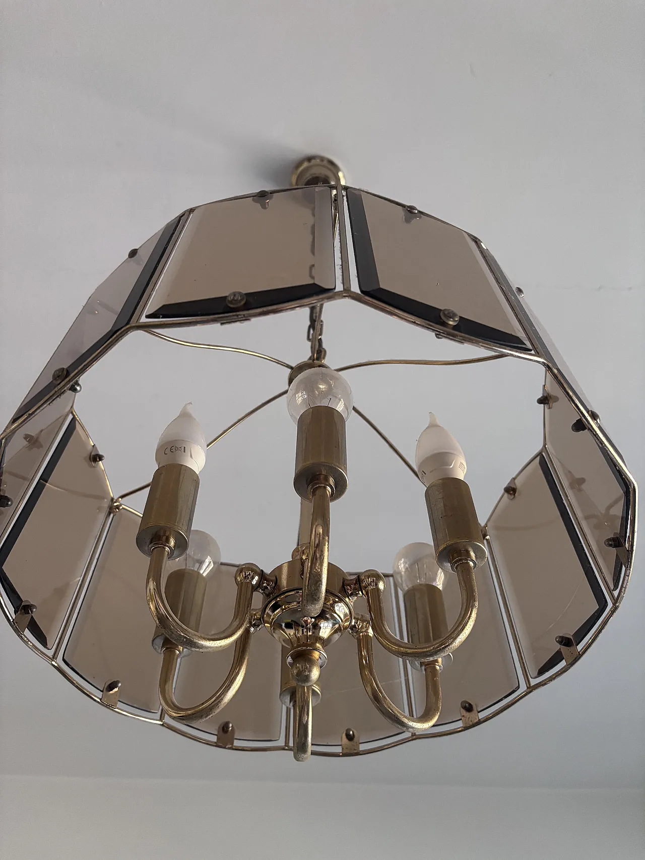 Mid-Century chandelier in brass and smoke glass, 50s 9