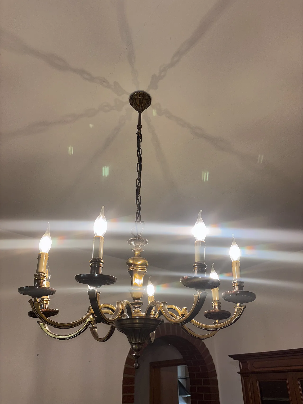 Lampadario in ottone 6 bracci, anni '50 9