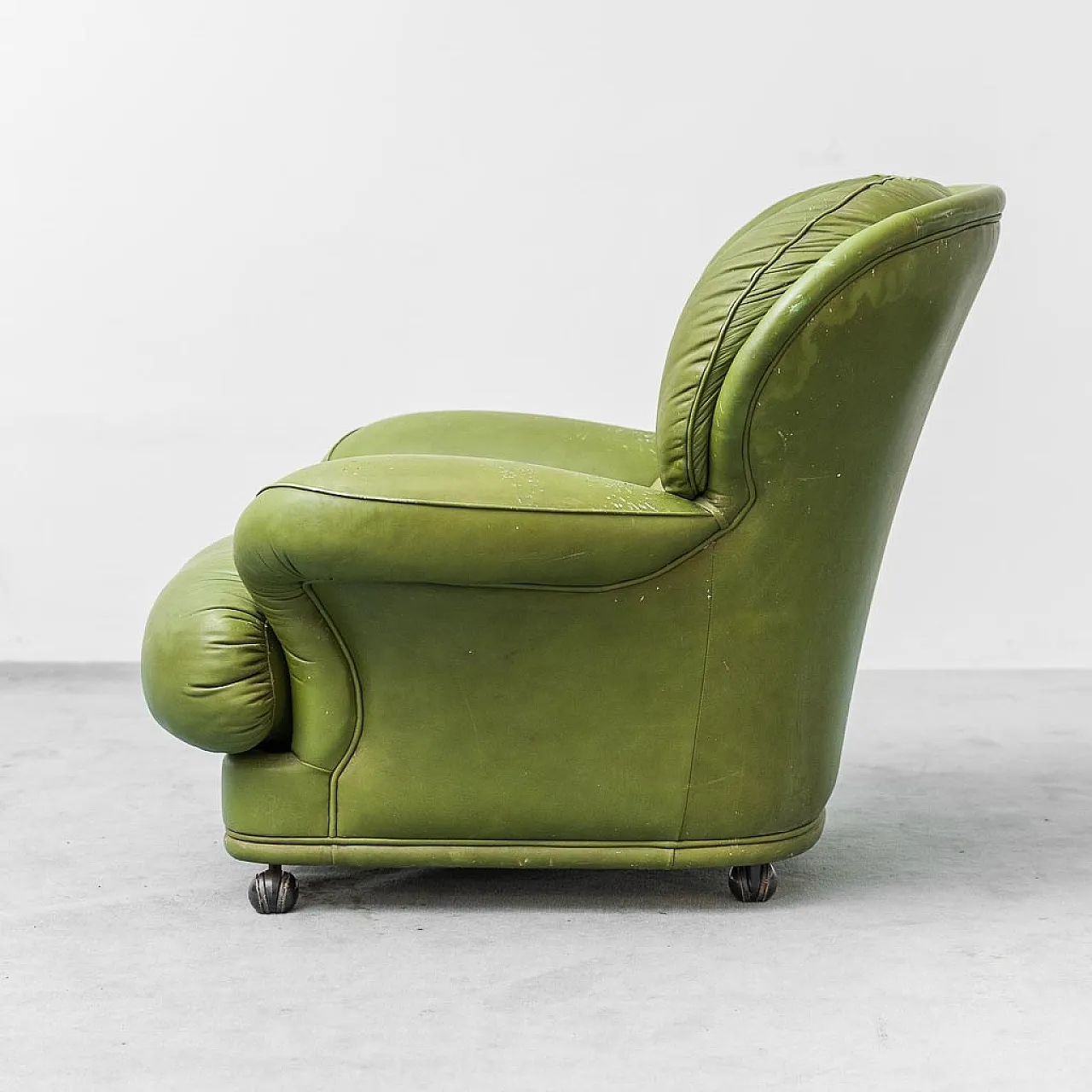 Armchair with green leather wheels, 50s 5