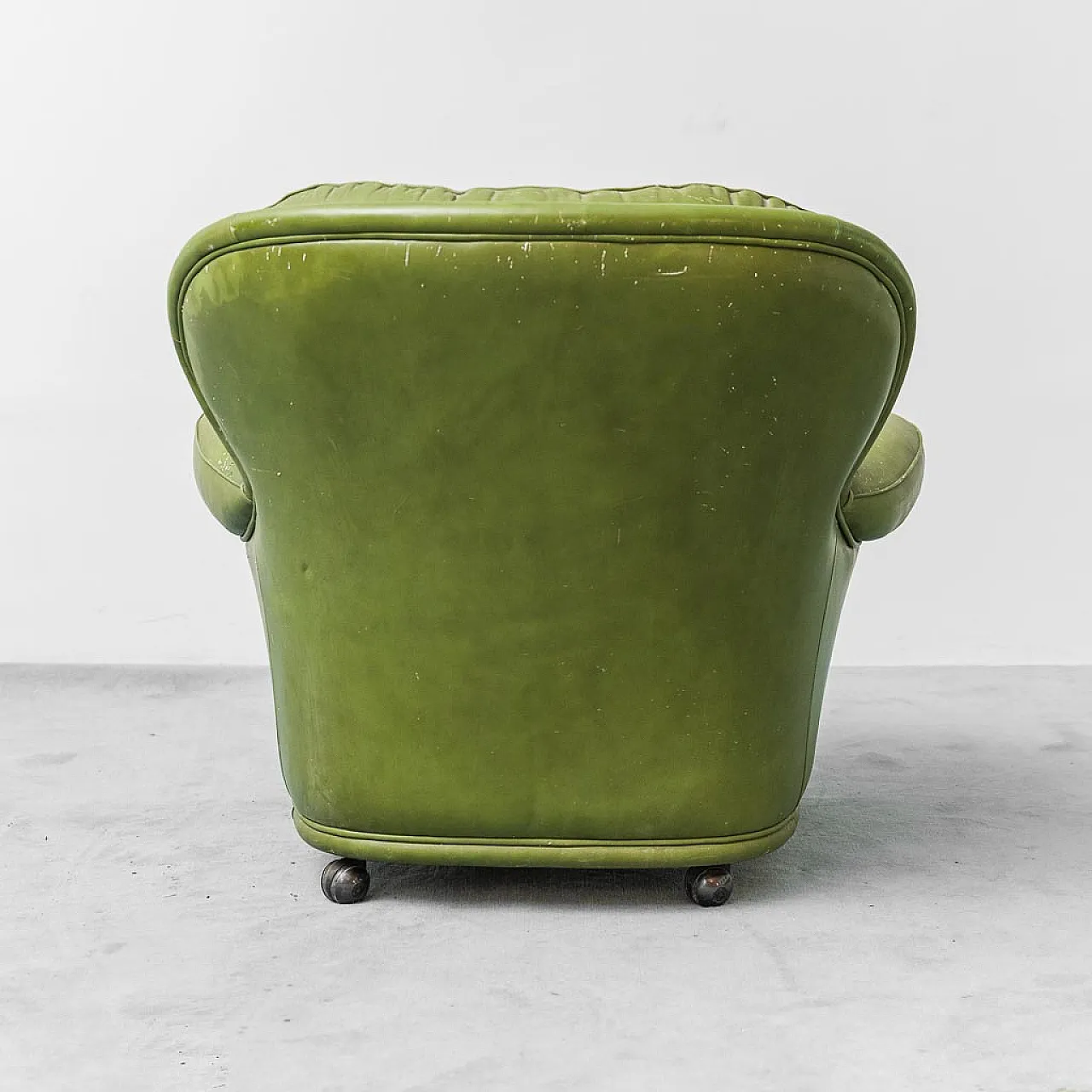 Armchair with green leather wheels, 50s 7