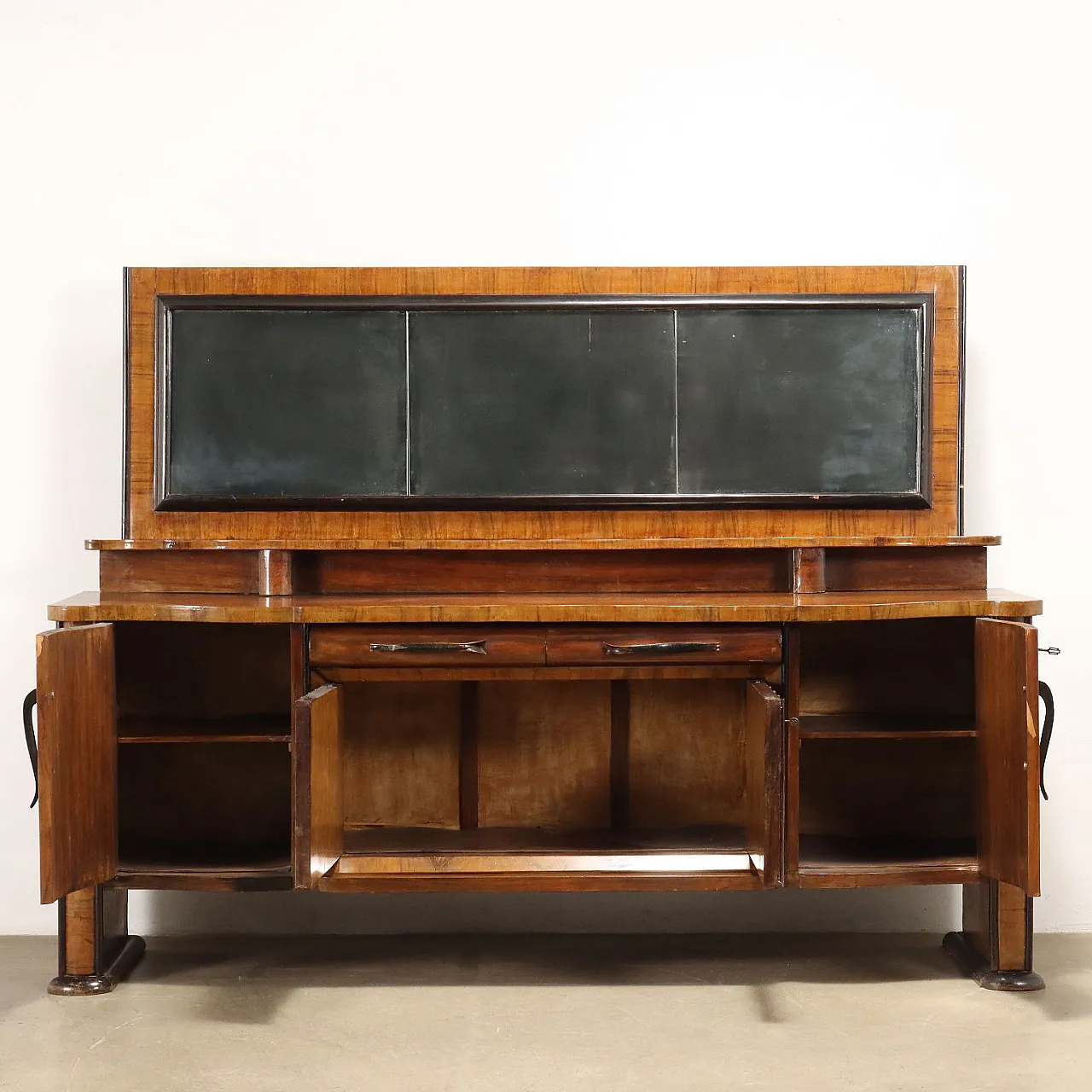 Walnut and briarwood sideboard with riser and mirror, 1920s 3