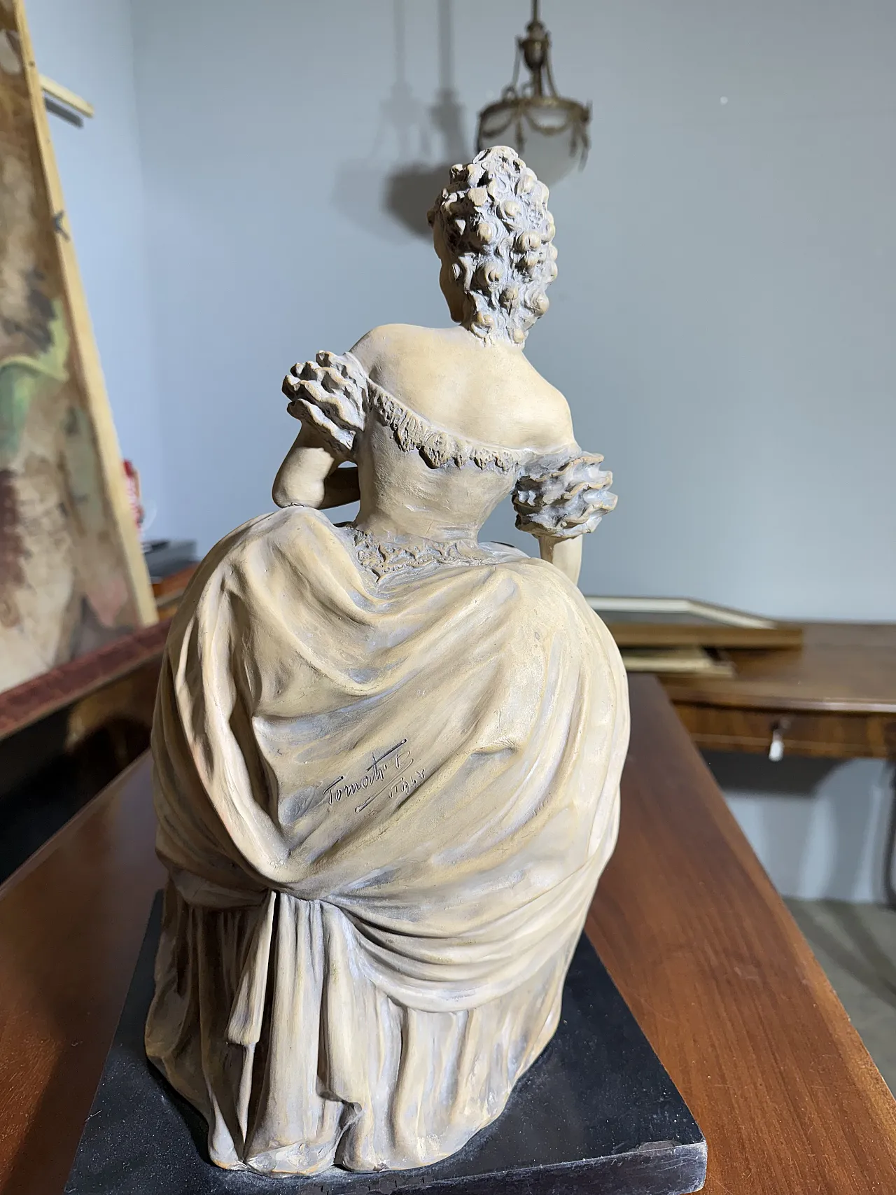 Sculpture of Lady in Patinated Terracotta Signed Tomuti, 1940s 5