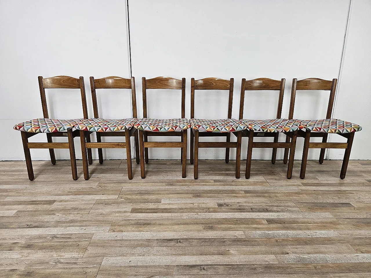6 Dining room chairs in beech with geometric seat, 1950s 1