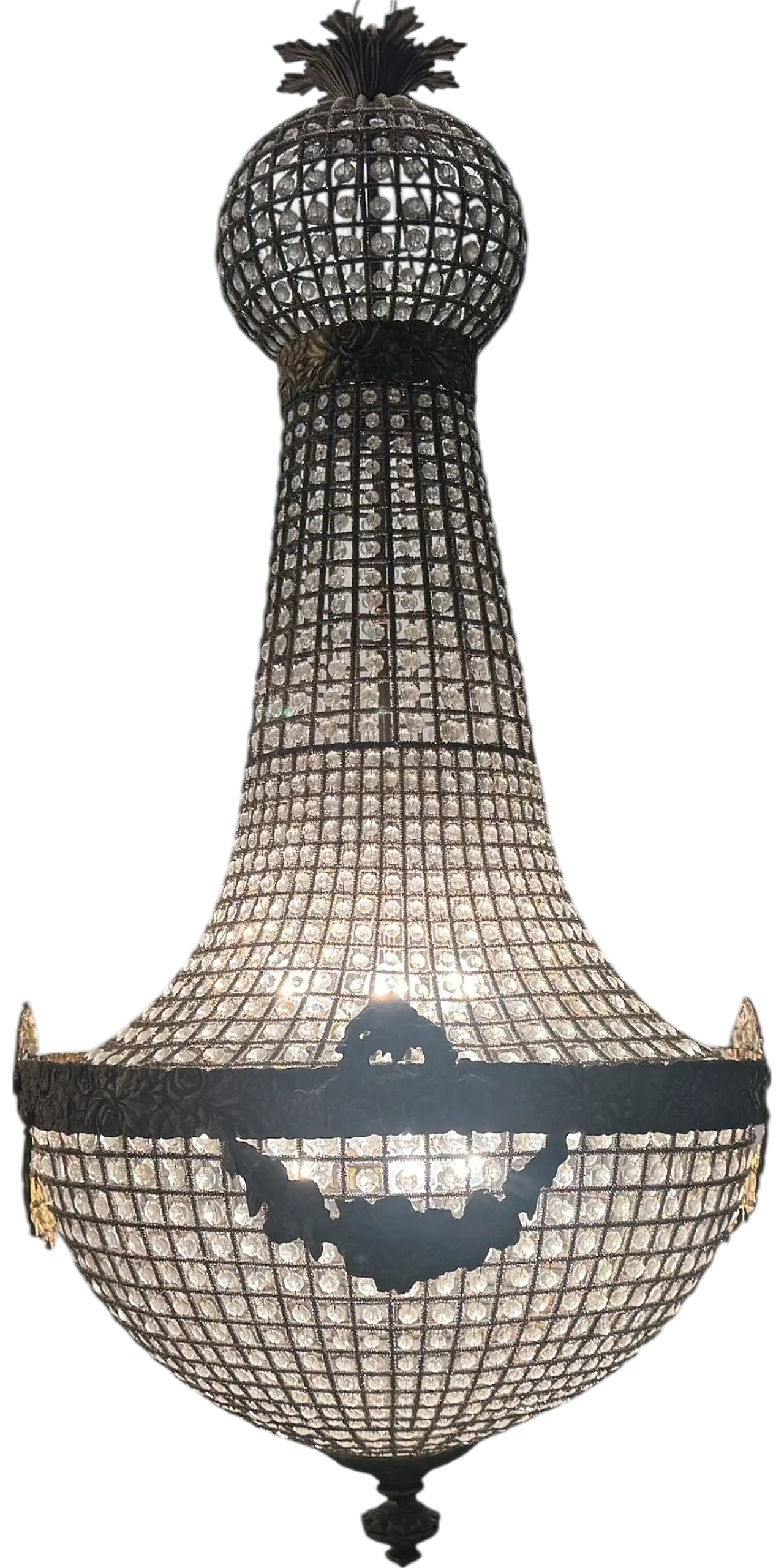 Large Crystal Beaded Bronze Chandelier, 1970s 14