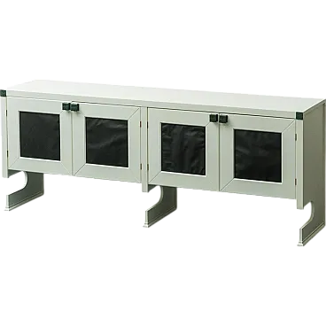 Mobile sideboard in wood and green leather, 60s