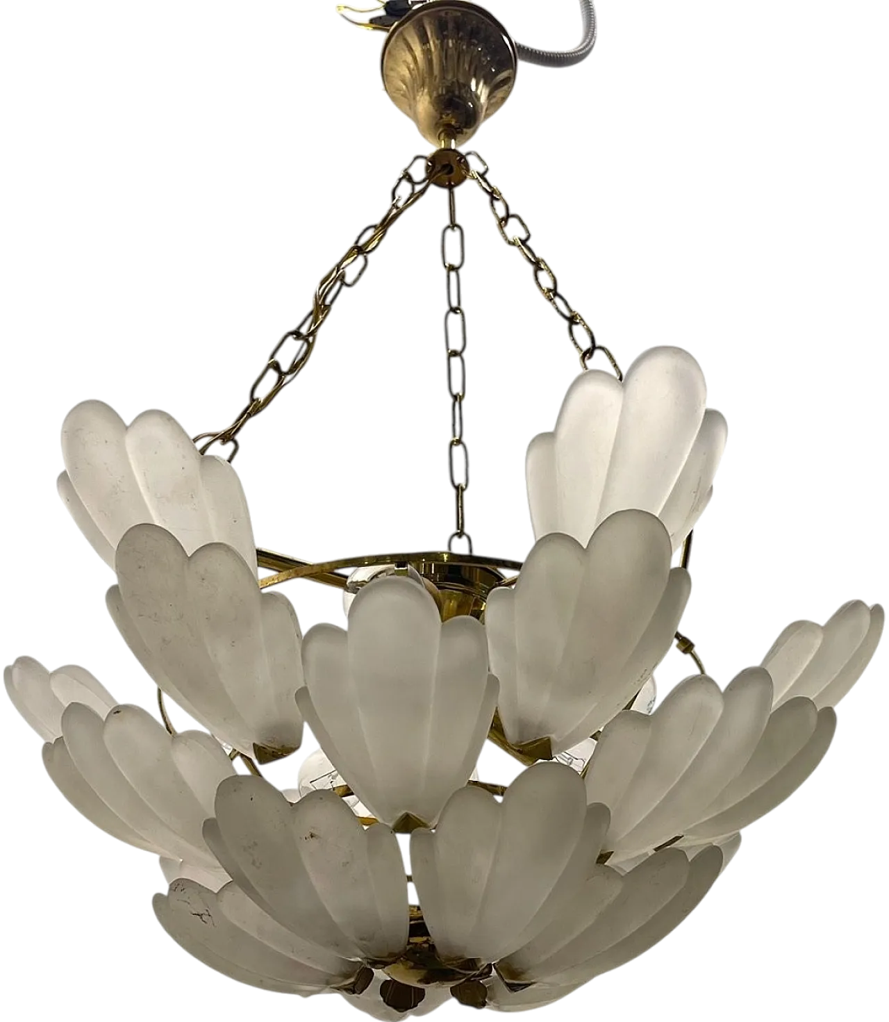 Satinated Glass Brass Chandelier, 1970s 10