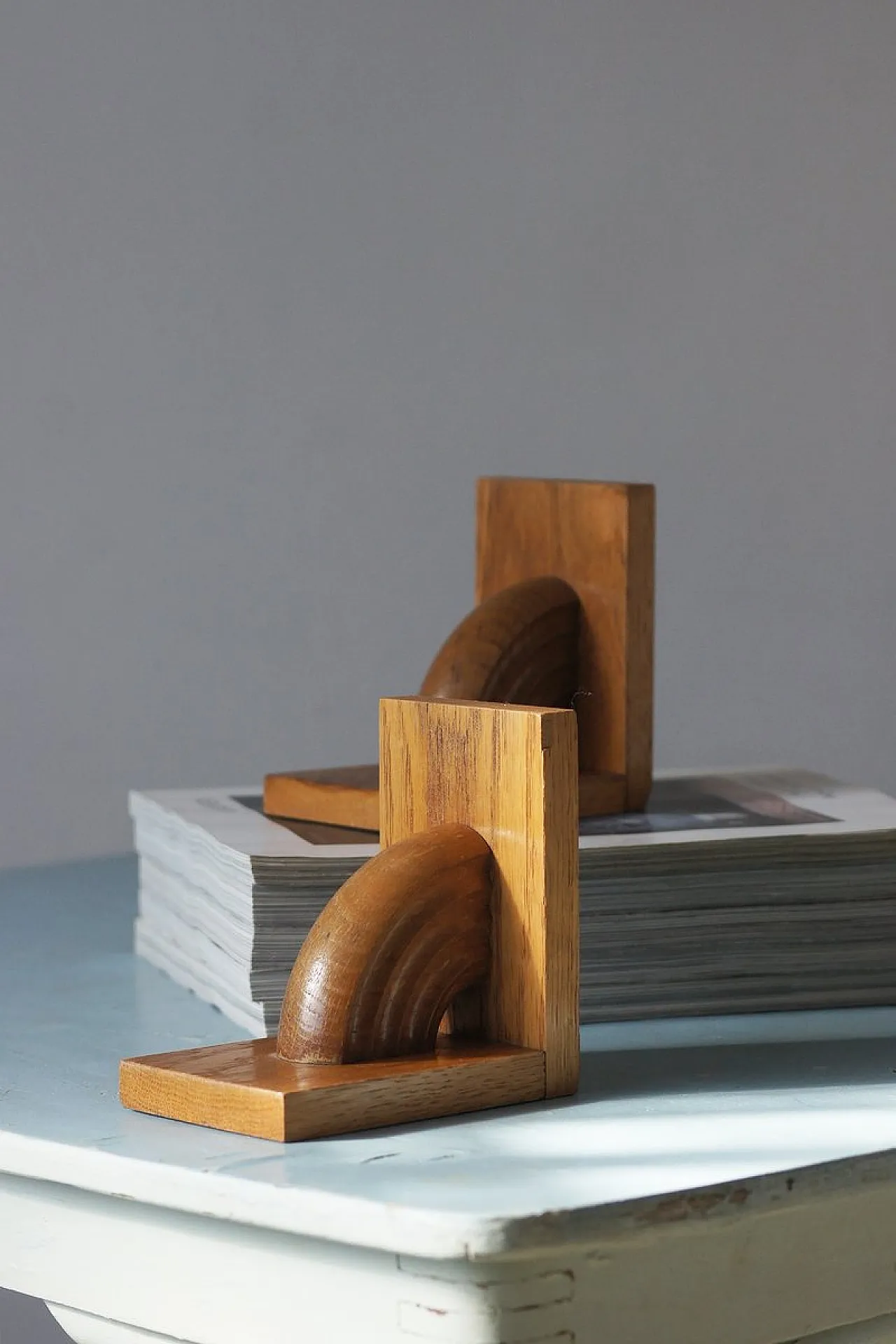 Coppia di fermalibri Mid-Century in legno, anni '50 3