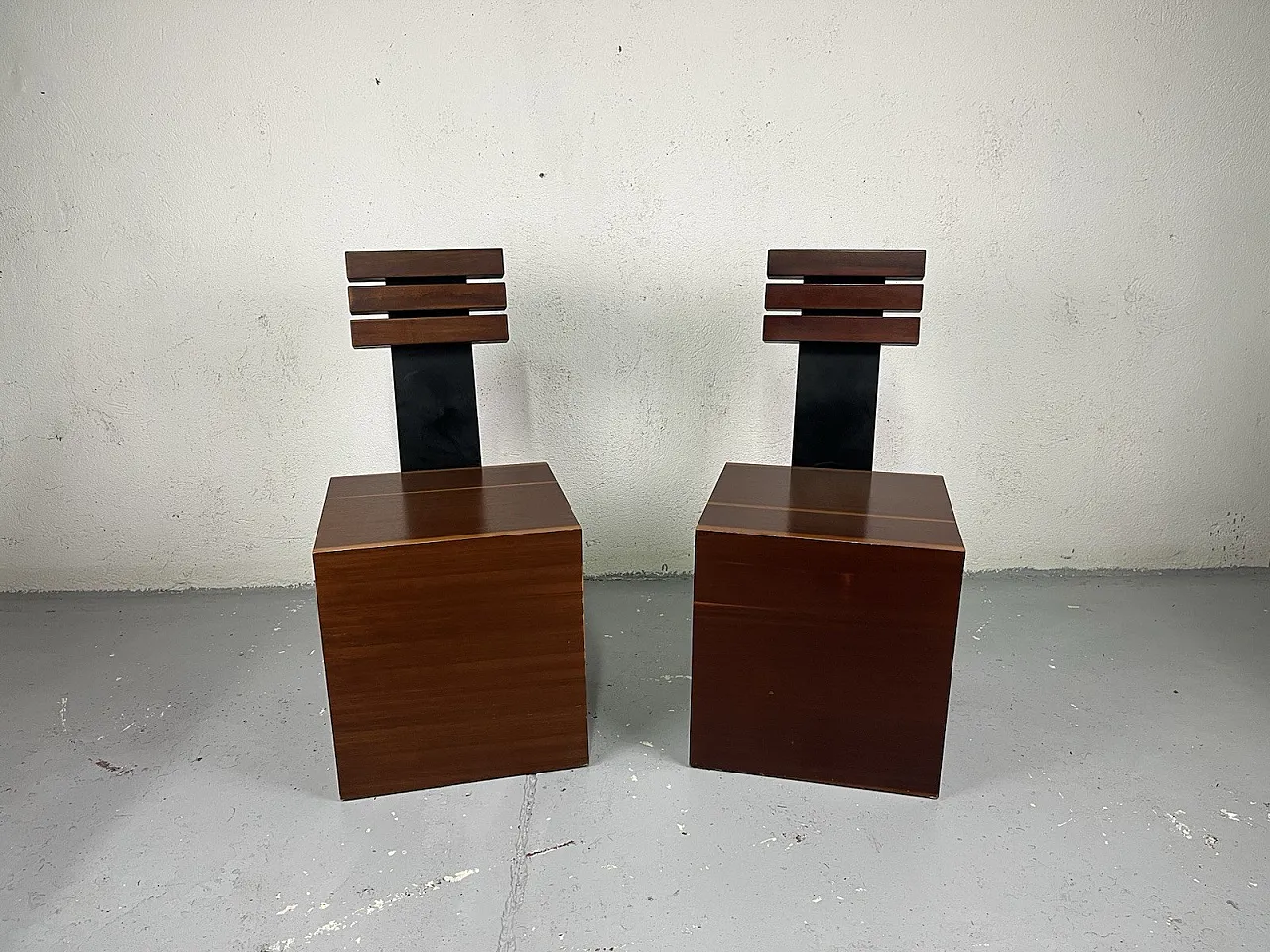 Pair of cubic metal and wood armchairs, 1980s 1