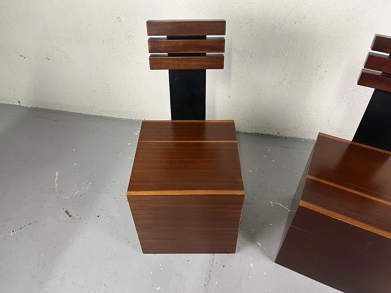 Pair of cubic metal and wood armchairs, 1980s 2