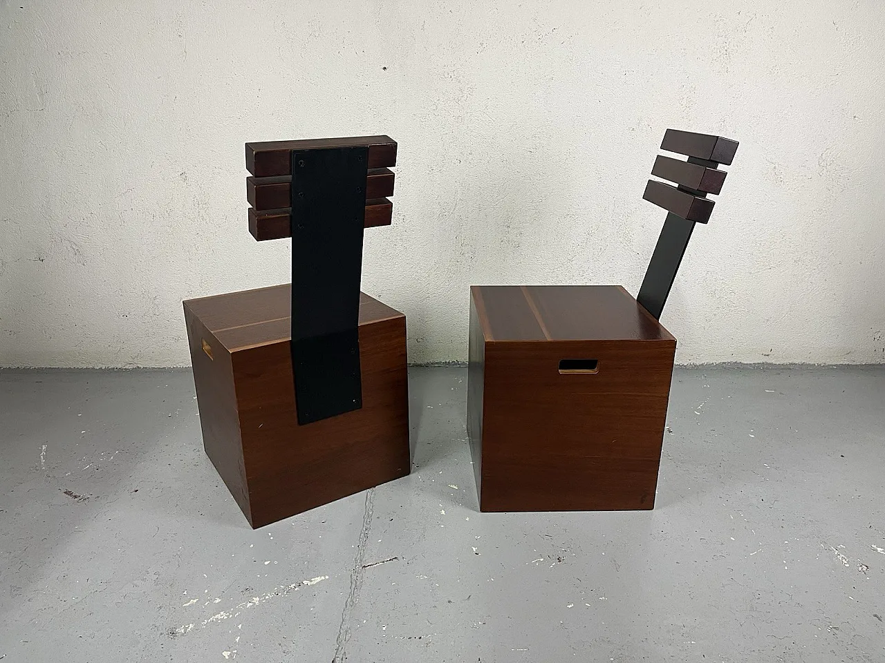 Pair of cubic metal and wood armchairs, 1980s 6