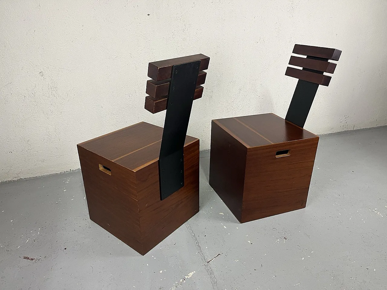 Pair of cubic metal and wood armchairs, 1980s 11