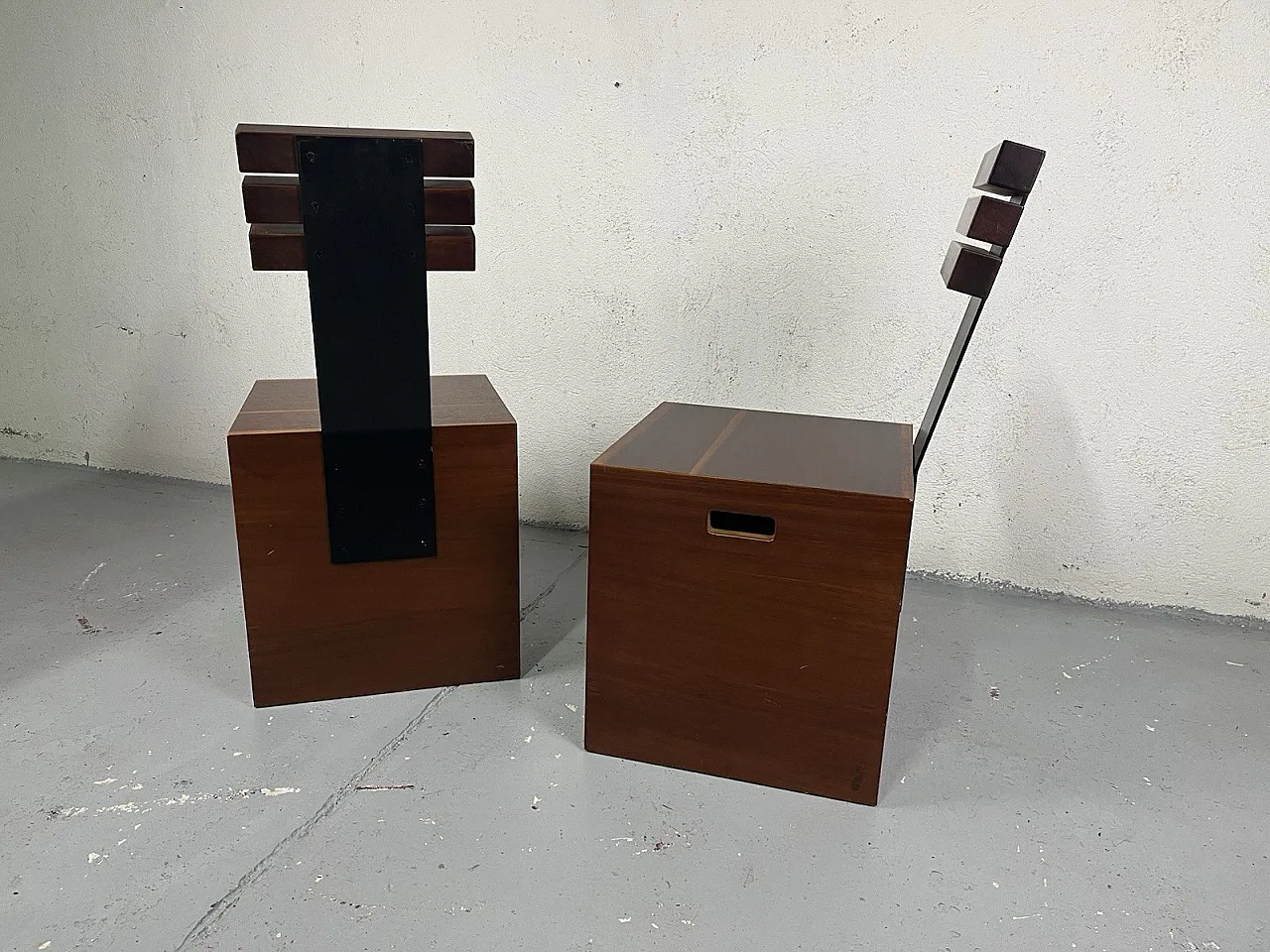 Pair of cubic metal and wood armchairs, 1980s 12