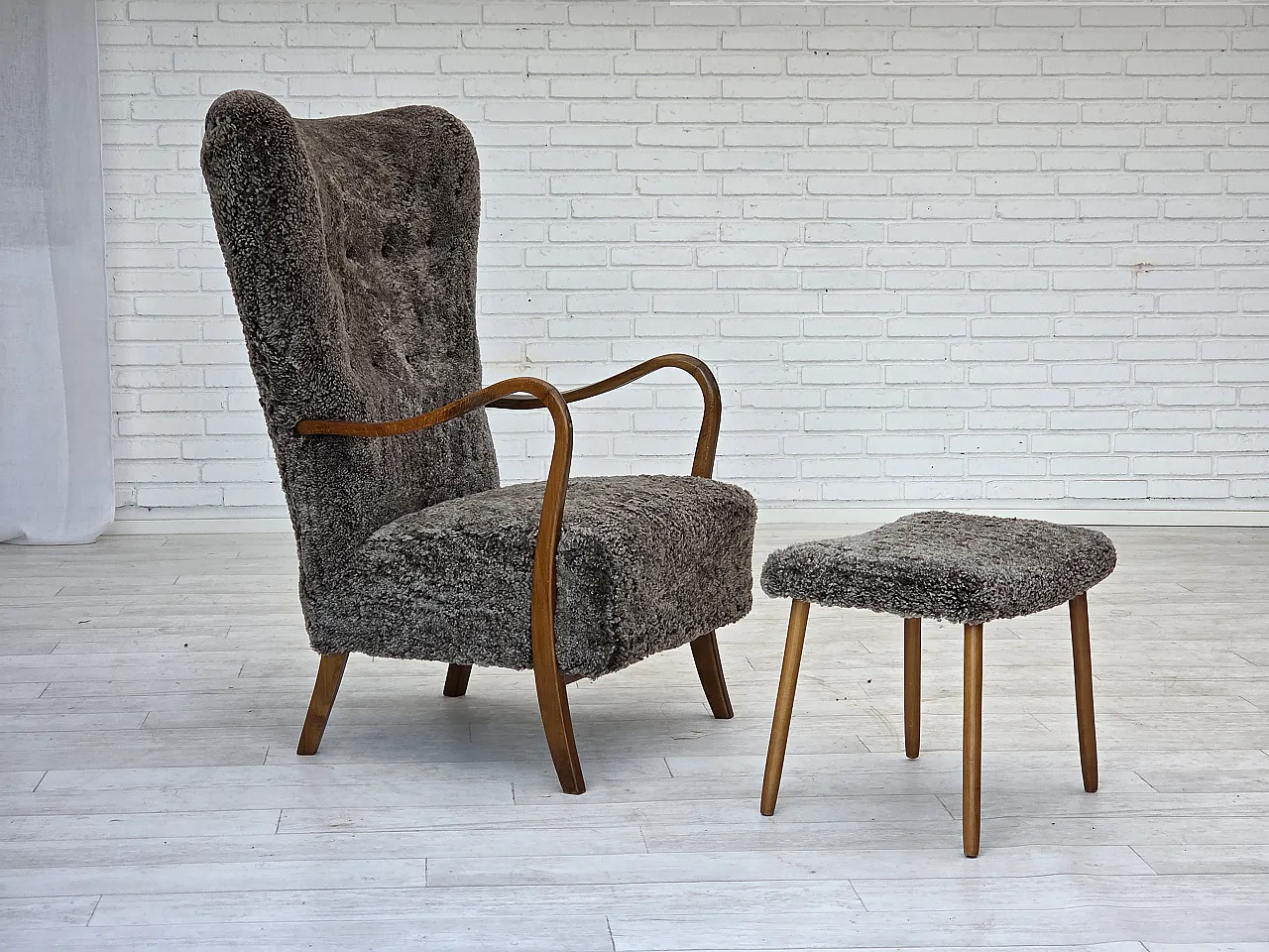 Reupholstered Danish armchair with stool sheepskin, 1960s 1