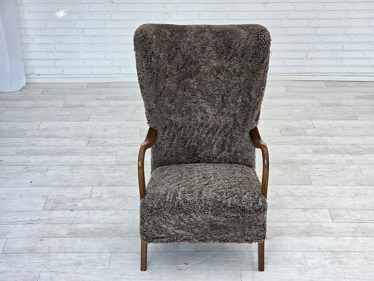Reupholstered Danish armchair with stool sheepskin, 1960s 10