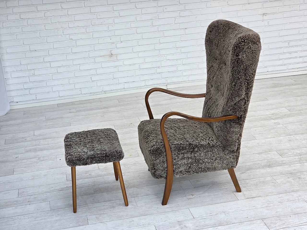 Reupholstered Danish armchair with stool sheepskin, 1960s 17