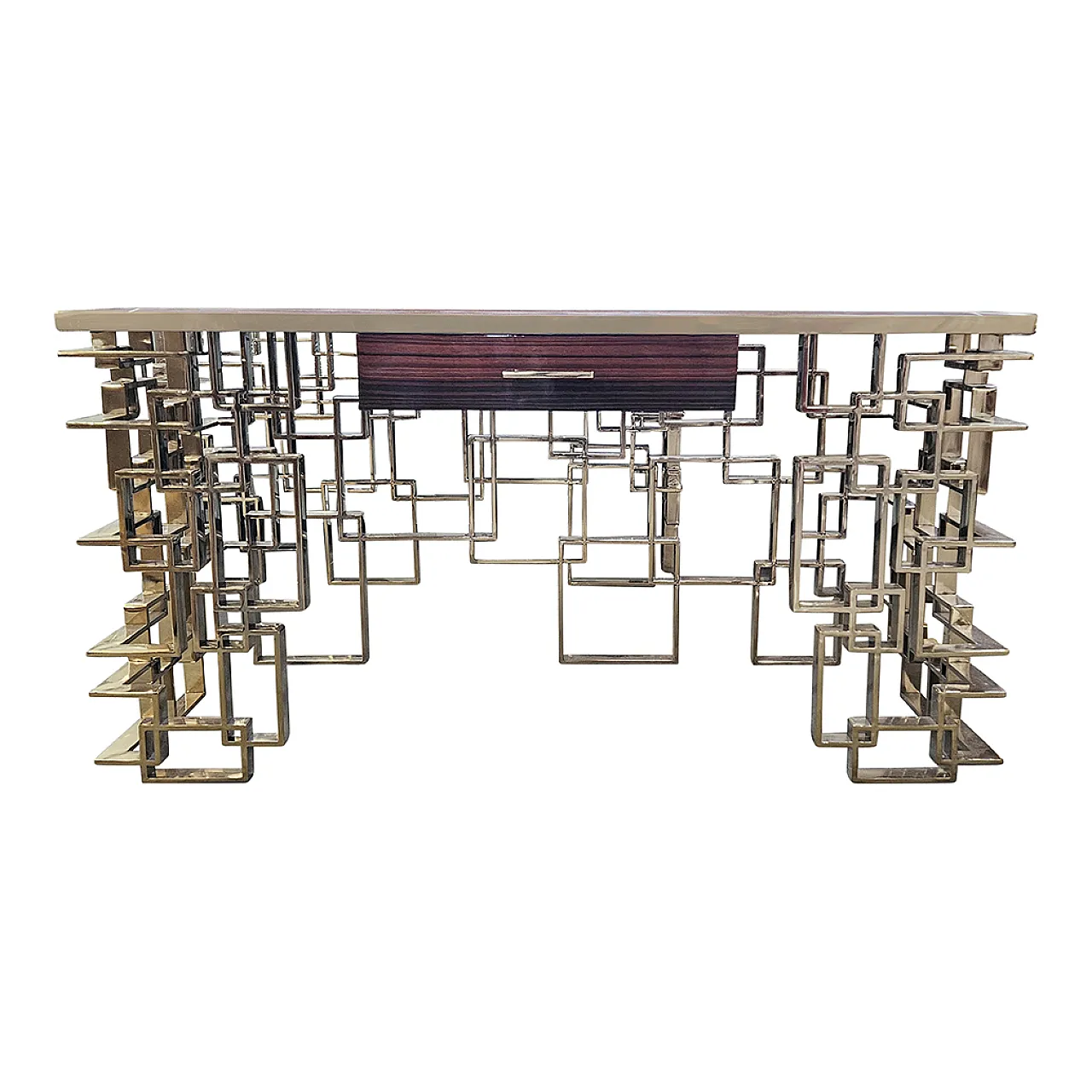 Consolle bifacciale in acciaio cromo-oro e top in radica 1