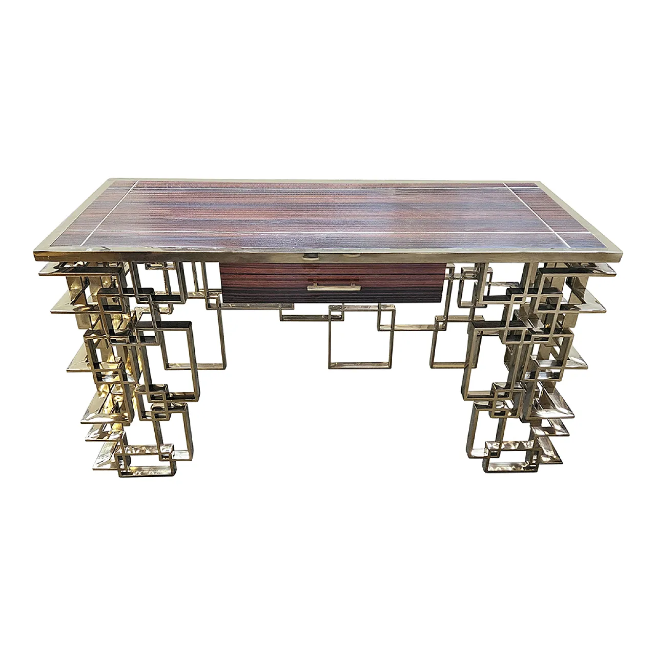 Consolle bifacciale in acciaio cromo-oro e top in radica 2