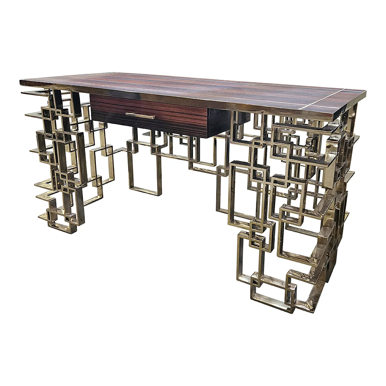 Consolle bifacciale in acciaio cromo-oro e top in radica 4