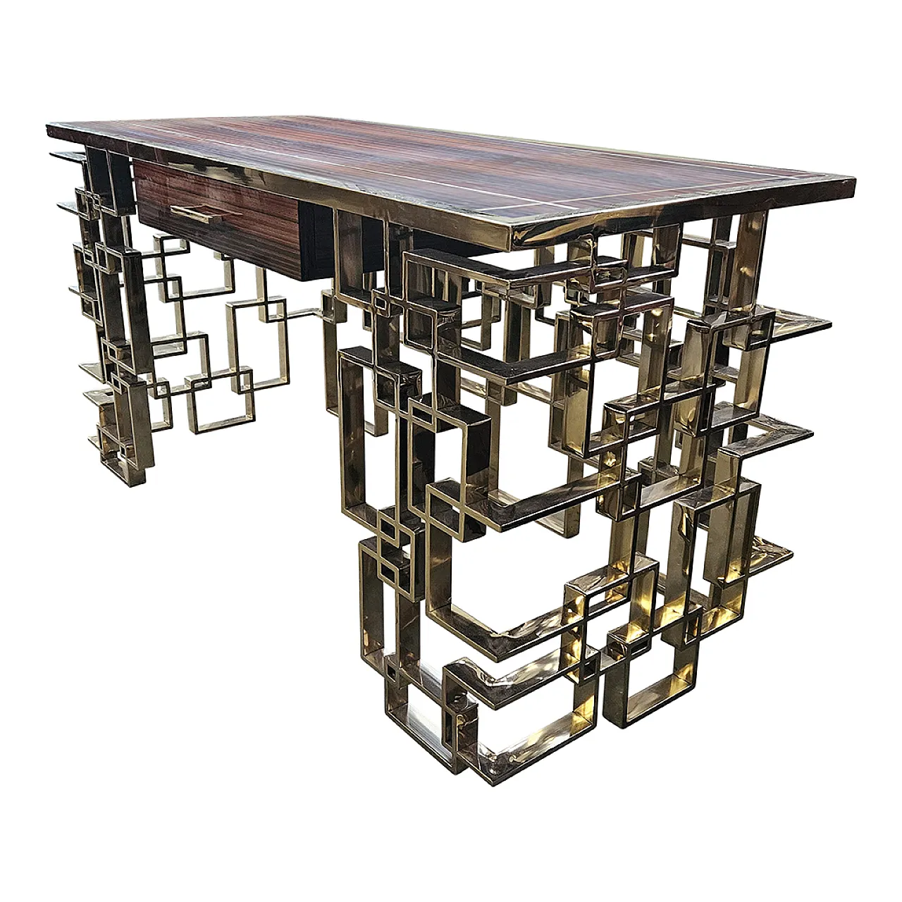 Consolle bifacciale in acciaio cromo-oro e top in radica 5