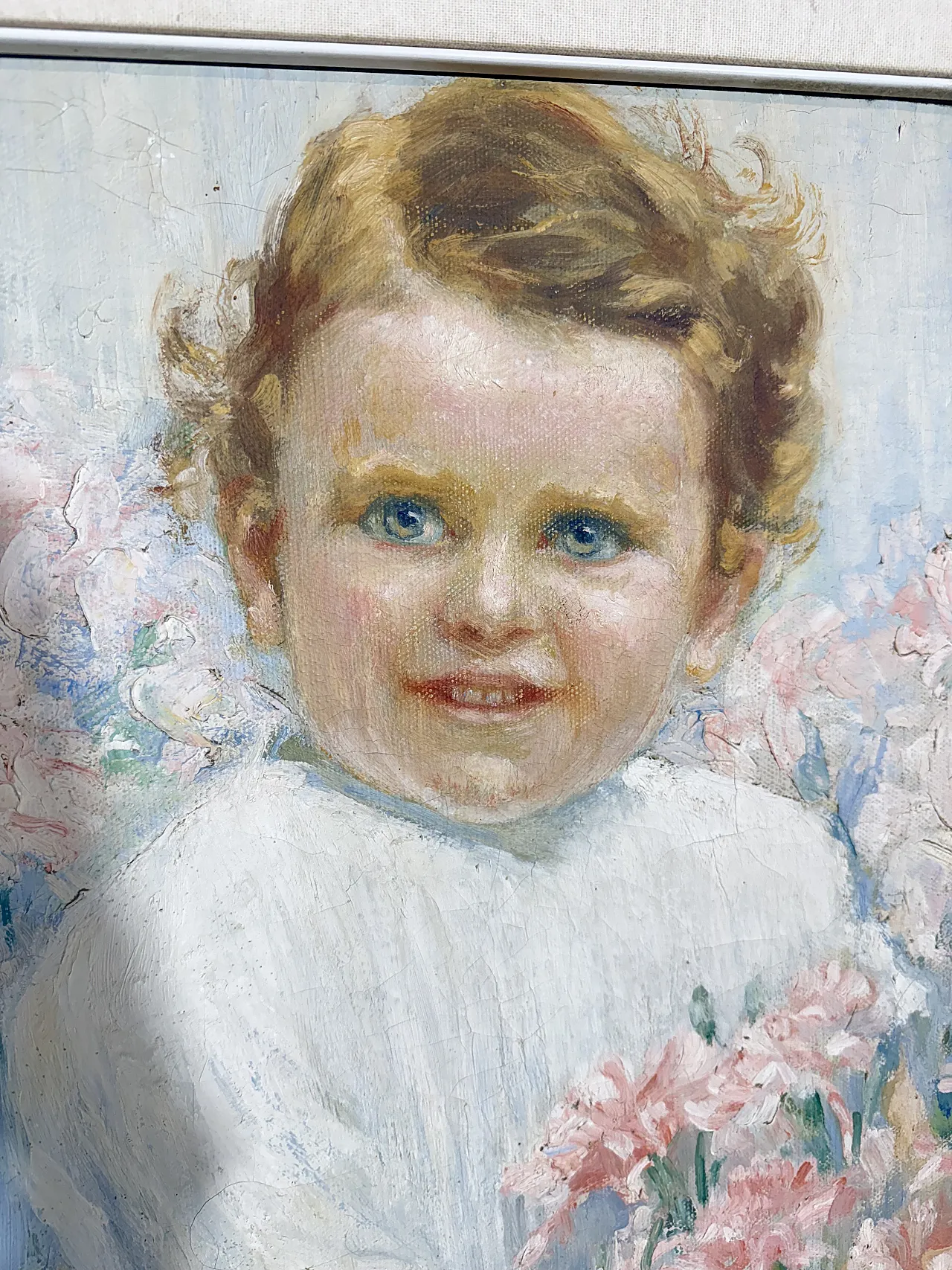 Ancient Liberty taste painting, girl with flowers, signed, 75x73 cm 11