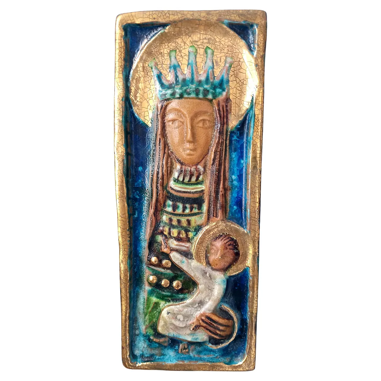 Holy Mary and Jesus Hand-Painted Ceramic Panel, 50s 1