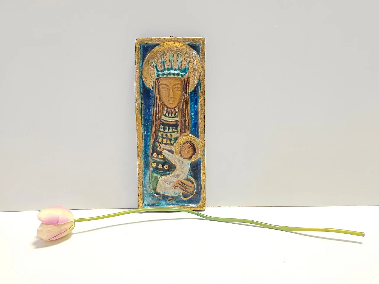 Holy Mary and Jesus Hand-Painted Ceramic Panel, 50s 2