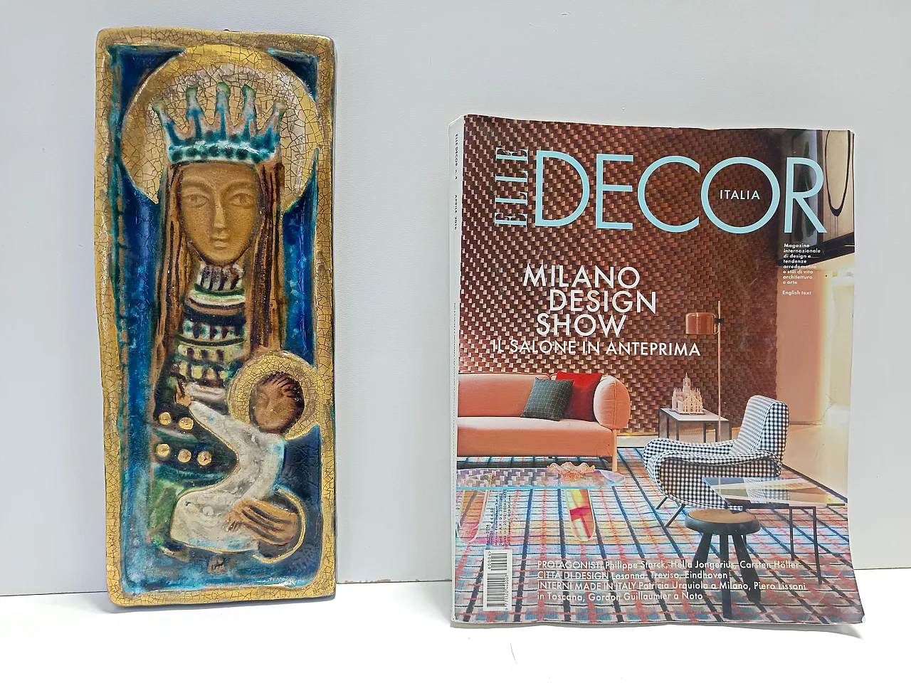 Holy Mary and Jesus Hand-Painted Ceramic Panel, 50s 3