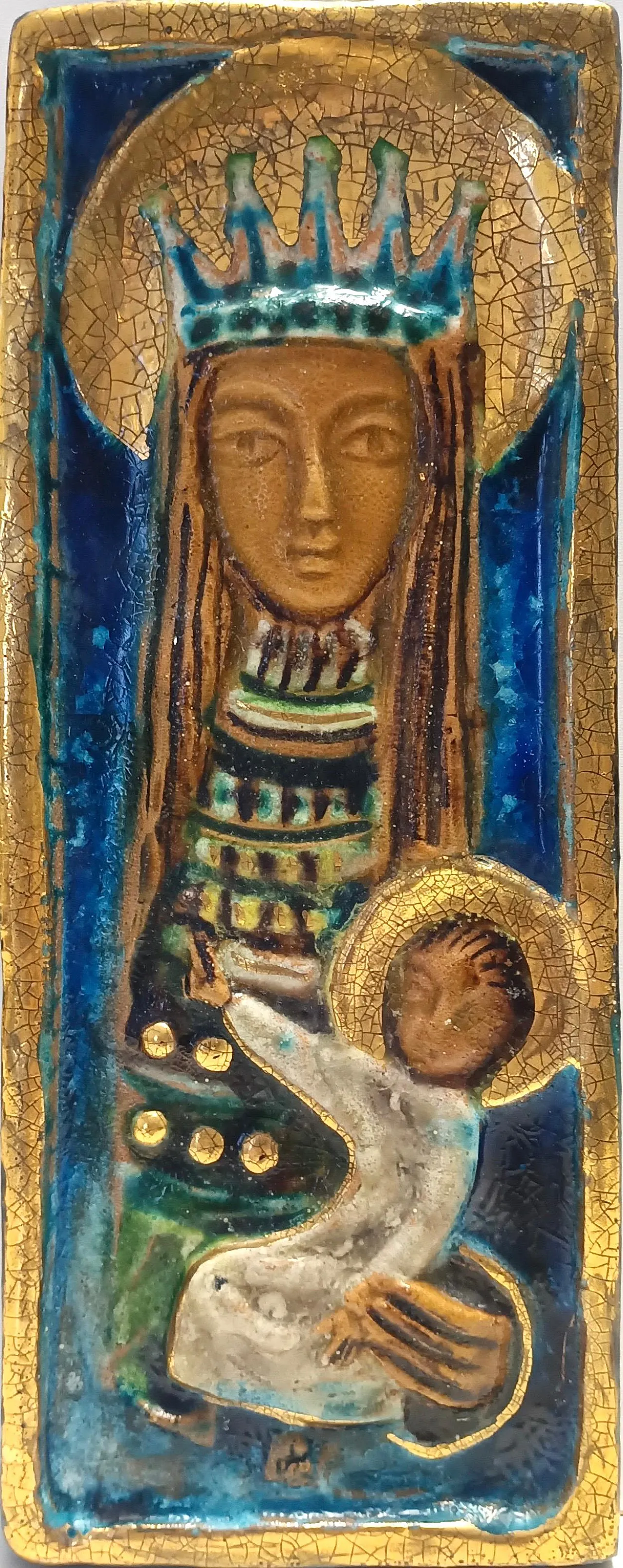 Holy Mary and Jesus Hand-Painted Ceramic Panel, 50s 7