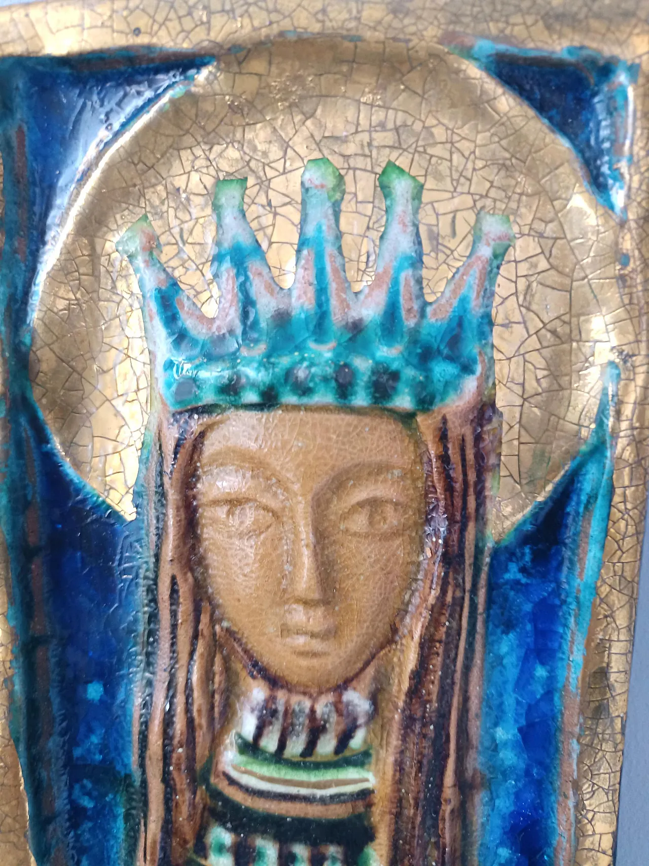 Holy Mary and Jesus Hand-Painted Ceramic Panel, 50s 8