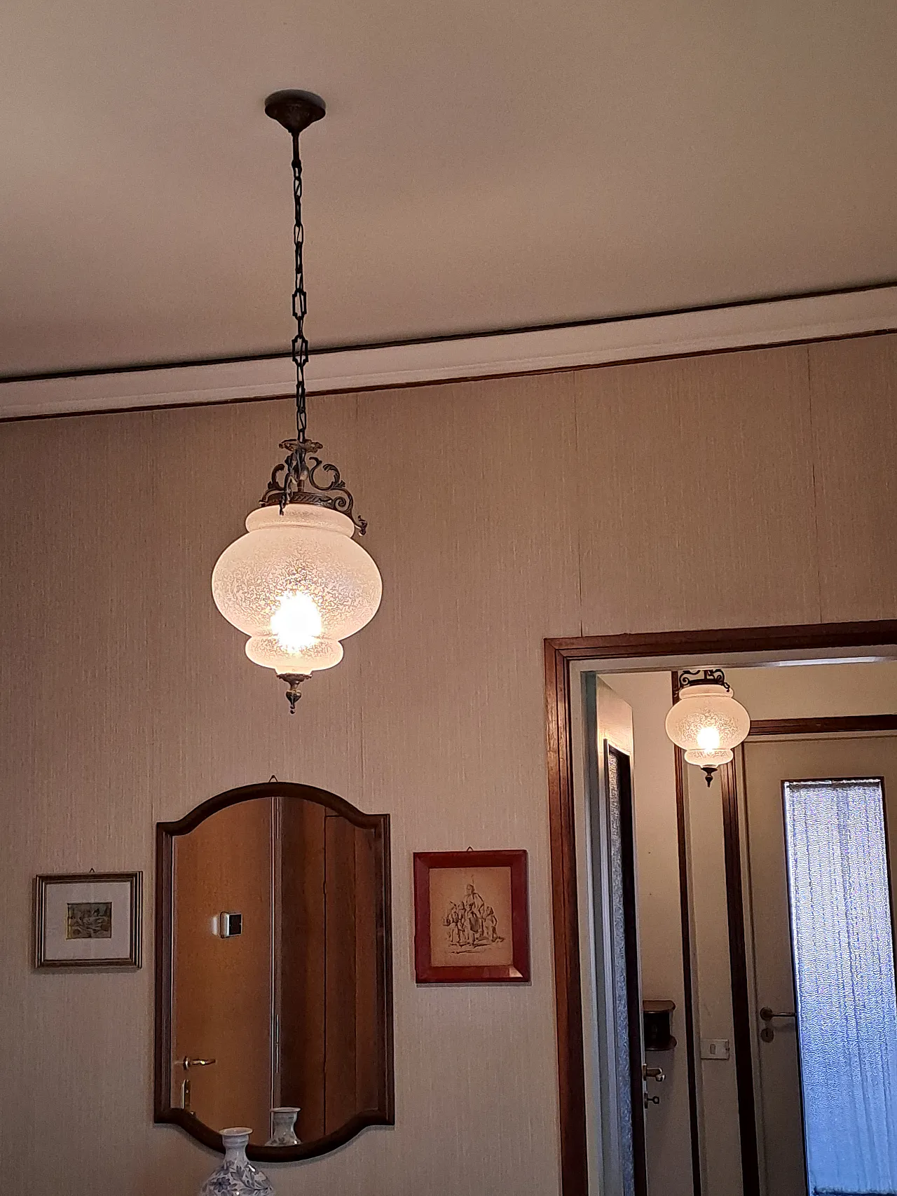 Glass and bronze chandelier, 70s 3