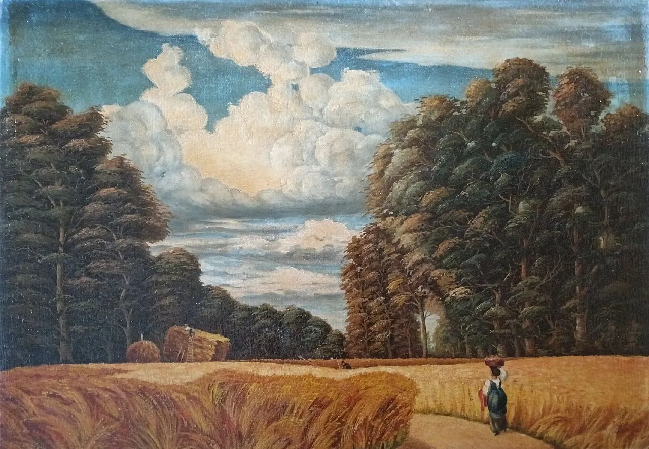 Dorigo, The Harvest, oil on wood painting signed, 20th century 1