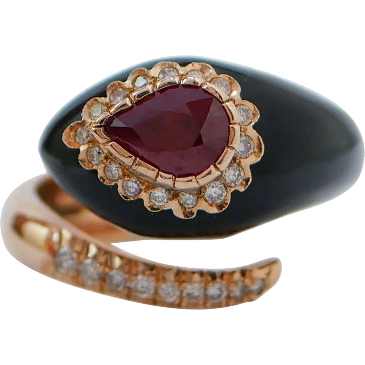 Rose gold snake ring with onyx, ruby, diamonds, 2000s 7